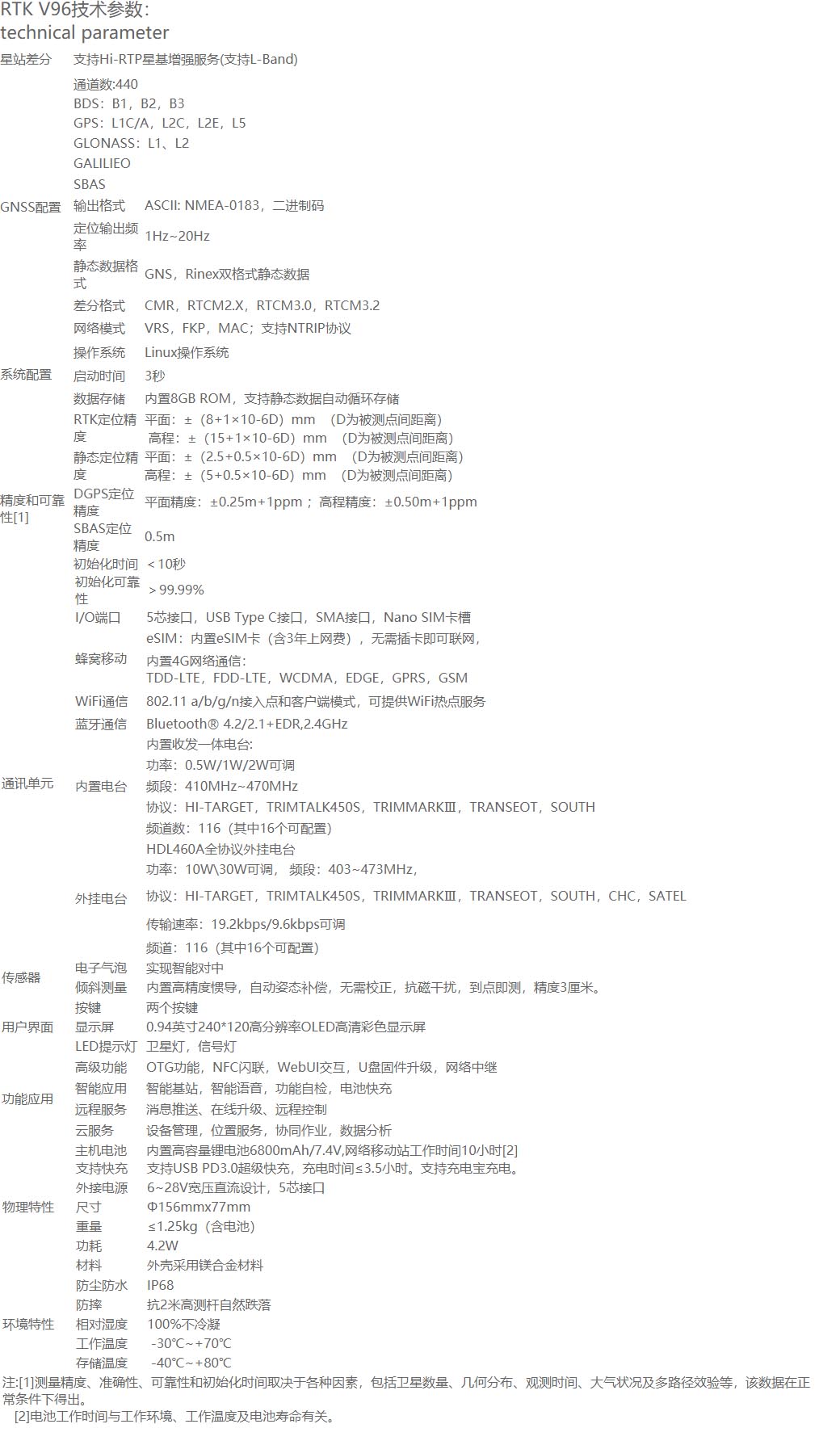 中海達V96智能RTK系統(tǒng)技術參數(shù)